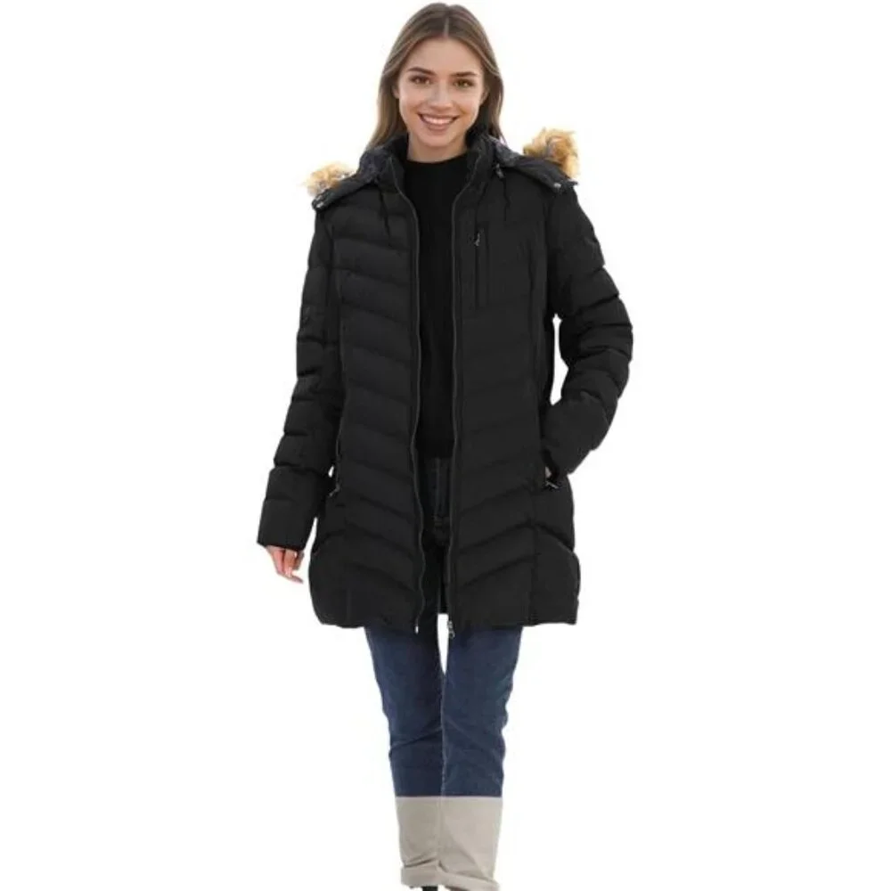 Women's Winter Puffer Jacket with Detachable Hood Long Waterproof Parka Coat